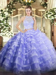 Lovely Lavender Sleeveless Lace and Ruffled Layers Floor Length Quinceanera Dresses