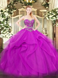 Excellent Tulle Sweetheart Sleeveless Lace Up Beading and Ruffles Quinceanera Dresses in Fuchsia