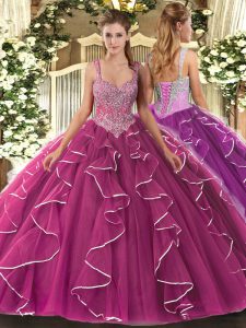 Delicate Fuchsia Sleeveless Tulle Lace Up Quinceanera Gown for Military Ball and Sweet 16 and Quinceanera