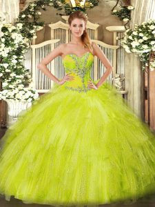 Beautiful Sleeveless Floor Length Beading and Ruffles Lace Up Quinceanera Gown with Yellow Green