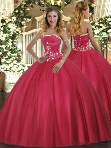 Custom Designed Floor Length Ball Gowns Sleeveless Red Quinceanera Dresses Lace Up