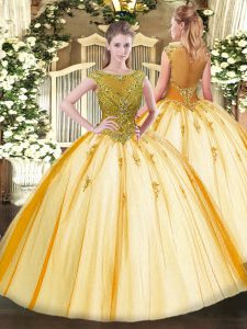 Ball Gowns Quinceanera Gown Gold Scoop Tulle Cap Sleeves Floor Length Lace Up