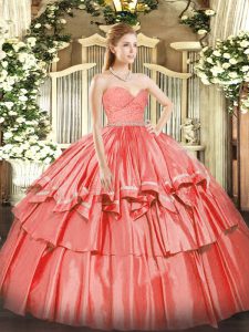 Flirting Beading and Lace and Ruffled Layers 15 Quinceanera Dress Watermelon Red Zipper Sleeveless Floor Length