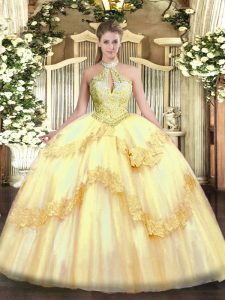 Sleeveless Tulle Floor Length Lace Up 15 Quinceanera Dress in Gold with Appliques and Sequins