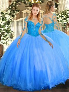 Glorious Lace 15th Birthday Dress Baby Blue Lace Up Long Sleeves Floor Length