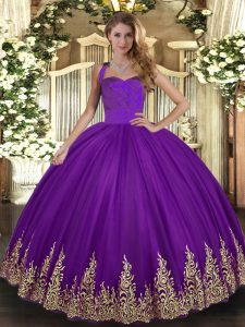 Purple Ball Gowns Halter Top Sleeveless Tulle Floor Length Lace Up Appliques Quinceanera Dresses