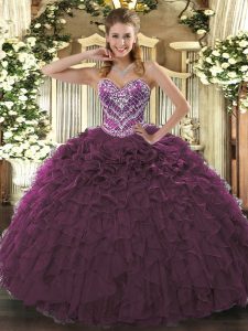 Beading and Ruffled Layers Quinceanera Gowns Burgundy Lace Up Sleeveless Floor Length