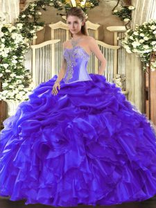 Pretty Blue Ball Gowns Sweetheart Sleeveless Organza Floor Length Lace Up Beading and Ruffles Quinceanera Gowns