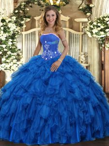 Vintage Royal Blue Sleeveless Beading and Ruffles Floor Length Ball Gown Prom Dress