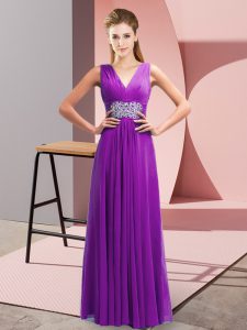 Eye-catching Purple Empire Chiffon V-neck Sleeveless Beading and Ruching Floor Length Side Zipper Evening Dress