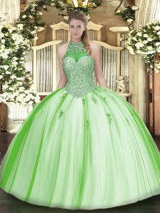 Sleeveless Floor Length Beading and Appliques Lace Up Quince Ball Gowns with