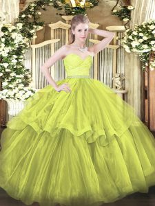 Best Sweetheart Sleeveless Tulle 15 Quinceanera Dress Beading and Lace and Ruffled Layers Brush Train Zipper