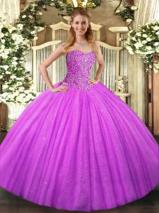 Luxury Sweetheart Sleeveless Sweet 16 Quinceanera Dress Floor Length Beading Lilac Tulle