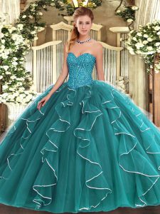 Colorful Teal Lace Up Sweetheart Beading and Ruffles Vestidos de Quinceanera Tulle Sleeveless