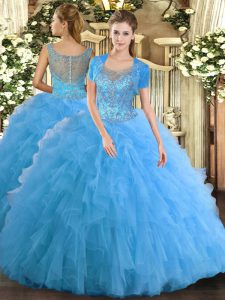 Sleeveless Floor Length Beading and Ruffled Layers Clasp Handle Sweet 16 Quinceanera Dress with Aqua Blue
