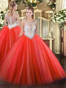 Fine Coral Red Zipper Ball Gown Prom Dress Beading Sleeveless Floor Length