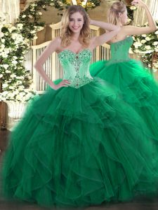 Floor Length Lace Up Quinceanera Gowns Dark Green for Sweet 16 and Quinceanera with Beading and Ruffles