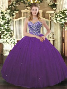 Sweetheart Sleeveless 15 Quinceanera Dress Floor Length Beading Purple Tulle