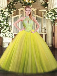 Yellow Green Lace Up Sweet 16 Dress Sequins Sleeveless Floor Length