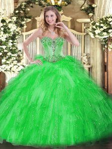 Green Sweetheart Lace Up Beading and Ruffles 15th Birthday Dress Sleeveless