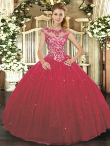 Custom Design Beading and Appliques Quinceanera Dress Wine Red Lace Up Cap Sleeves Floor Length