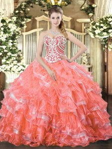Ball Gowns Quinceanera Dresses Watermelon Red Sweetheart Organza Sleeveless Floor Length Lace Up