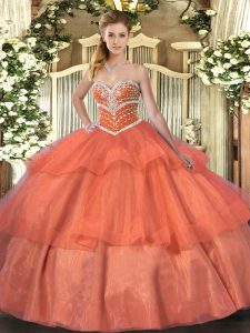 Orange Red Ball Gowns Beading and Ruffled Layers Quinceanera Gowns Lace Up Tulle Sleeveless Floor Length