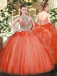 Simple Floor Length Ball Gowns Sleeveless Red Quinceanera Dresses Lace Up