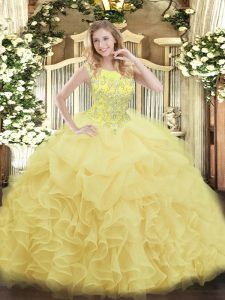 Fashionable Yellow Zipper Ball Gown Prom Dress Beading and Ruffles Sleeveless Floor Length