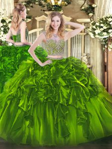 Extravagant Olive Green Two Pieces Beading and Ruffles Quinceanera Dress Lace Up Organza Sleeveless Floor Length