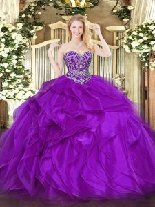 Beauteous Eggplant Purple Ball Gowns Beading and Ruffles Quinceanera Gown Lace Up Organza Sleeveless Floor Length