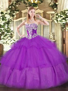 Custom Design Purple Sweet 16 Dress Military Ball and Sweet 16 and Quinceanera with Beading and Ruffled Layers Strapless Sleeveless Lace Up