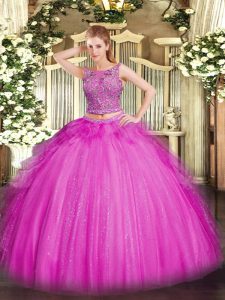 Latest Fuchsia Lace Up Scoop Beading and Ruffles Sweet 16 Quinceanera Dress Tulle Sleeveless