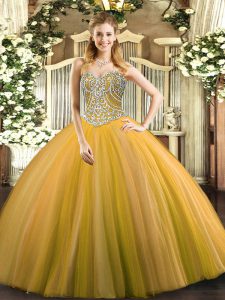Glorious Floor Length Lace Up Quinceanera Gown Gold for Military Ball and Sweet 16 and Quinceanera with Beading