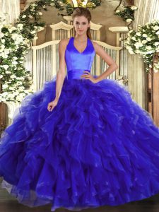 High Quality Royal Blue Halter Top Neckline Ruffles Quinceanera Gown Sleeveless Lace Up