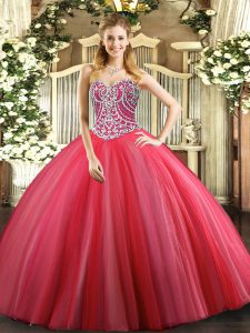 Sweetheart Sleeveless Quince Ball Gowns Floor Length Beading Coral Red Tulle