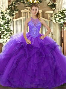 Purple Ball Gowns Beading and Ruffles Sweet 16 Dress Lace Up Organza Sleeveless Floor Length