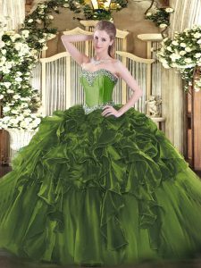 Floor Length Lace Up Quinceanera Dress Olive Green for Military Ball and Sweet 16 and Quinceanera with Beading and Ruffles