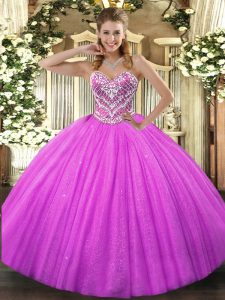 Luxurious Fuchsia Ball Gowns Sweetheart Sleeveless Tulle Floor Length Lace Up Beading Quinceanera Gown