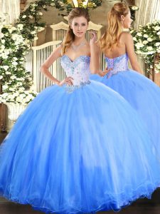 Ideal Baby Blue Ball Gowns Beading Sweet 16 Quinceanera Dress Lace Up Tulle Sleeveless Floor Length