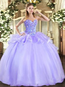 Lavender Ball Gowns Embroidery Quinceanera Gown Lace Up Organza and Tulle Sleeveless Floor Length