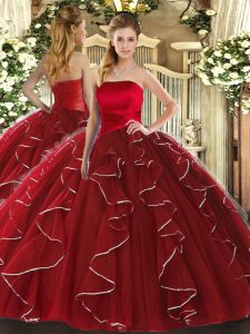 Sleeveless Floor Length Ruffled Layers Lace Up Sweet 16 Dresses with Wine Red