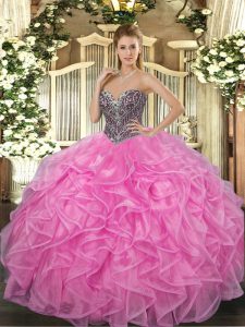 Affordable Sleeveless Floor Length Beading and Ruffles Lace Up Sweet 16 Dress with Rose Pink