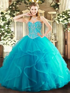 Attractive Sweetheart Sleeveless Tulle Quince Ball Gowns Beading and Ruffles Lace Up