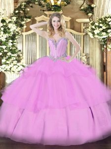 Lilac Ball Gowns Tulle Sweetheart Sleeveless Beading and Ruffled Layers Floor Length Lace Up Quince Ball Gowns