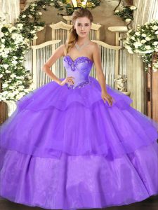 Lavender Sleeveless Tulle Lace Up Quince Ball Gowns for Military Ball and Sweet 16 and Quinceanera