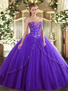 Sweetheart Sleeveless Sweet 16 Dress Brush Train Appliques and Embroidery Purple Tulle