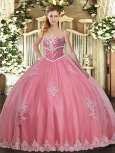 Amazing Watermelon Red Sleeveless Floor Length Beading and Appliques Lace Up Ball Gown Prom Dress