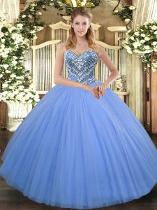 Dazzling Baby Blue Tulle Lace Up Quinceanera Dress Sleeveless Floor Length Beading