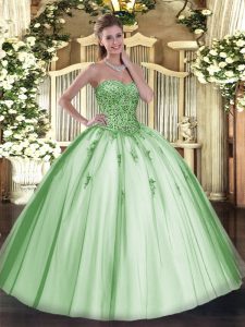 Sleeveless Floor Length Beading and Appliques Lace Up Vestidos de Quinceanera with Apple Green